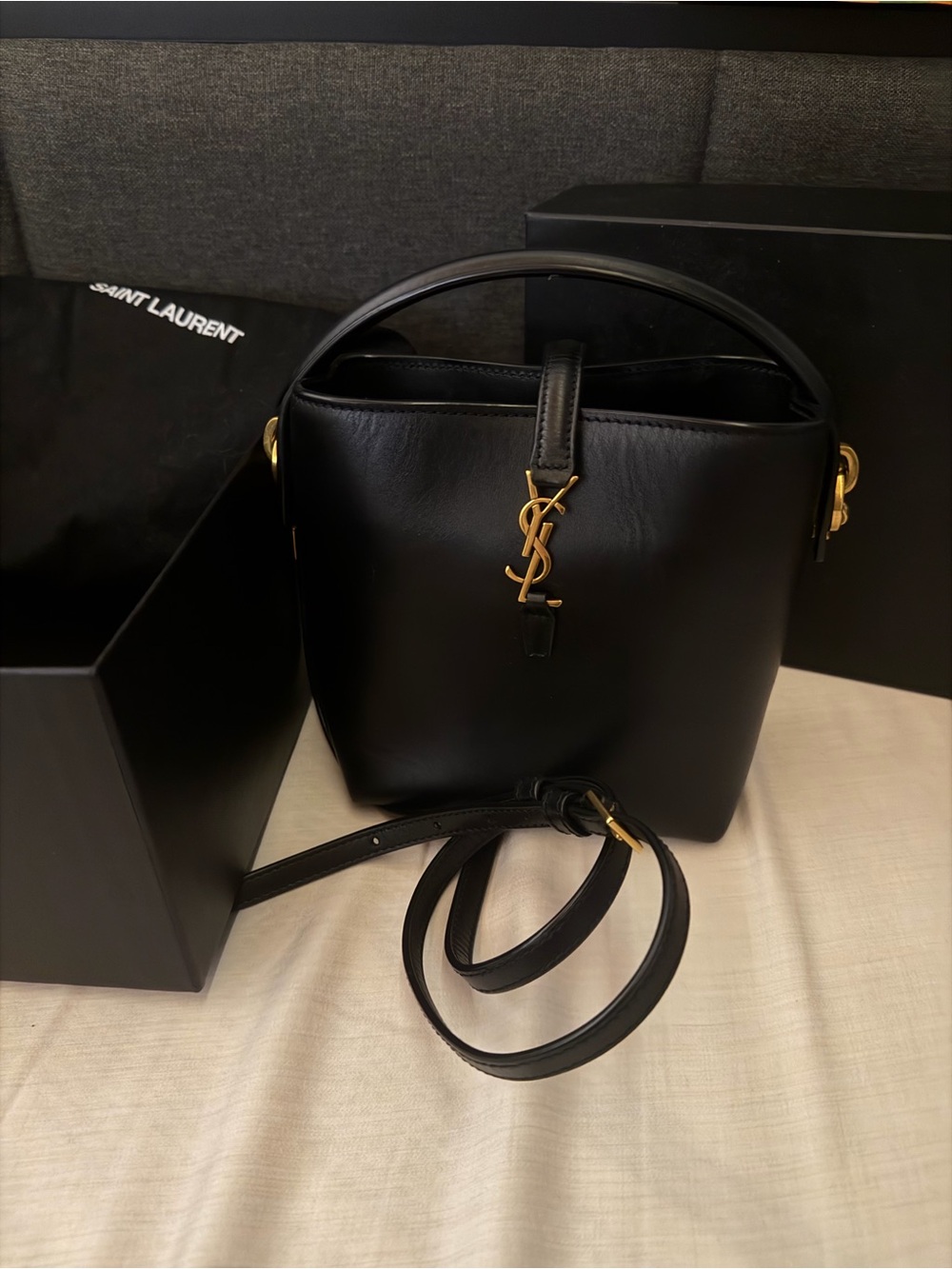 Saint Laurent Black Leather Bucket Crossbody with Gold YSL Hardware - Picture 7 of 7